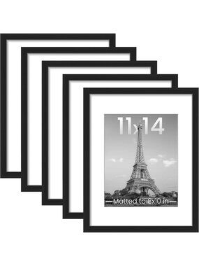 Set of 5 Black Picture Frames 11x14 & 8x10 with Mat for Wall Gallery Display